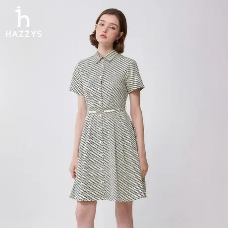 Hazzys哈吉斯夏季优雅千鸟风格衬衫式连衣裙短袖收腰显瘦短裙女商品大图