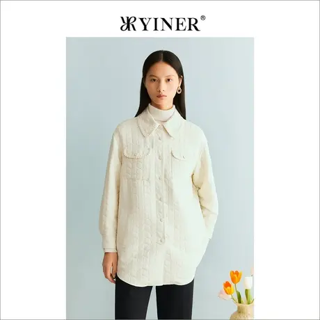 YINER音儿女装冬季复古纹理翻领法式优雅奶油白休闲短外套商品大图