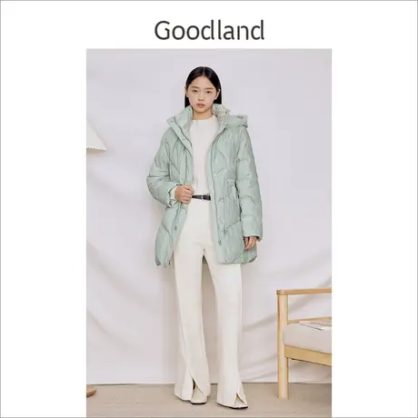 Goodland美地女装2023冬季新款水貂毛边连帽一手长保暖羽绒服商品大图