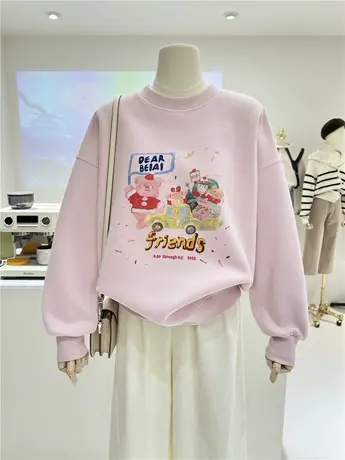 韩系卡通可爱图案2024春季新款学院慵懒宽松减龄圆领套头卫衣女商品大图