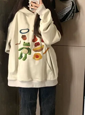 奶呼呼卫衣女秋冬季加绒连帽宽松大码小众设计感美复古式潮牌外套商品大图