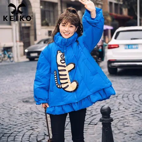 卡通贴花显瘦a字棉服外套女2022冬季新款韩系蓝色高领棉衣小个子商品大图