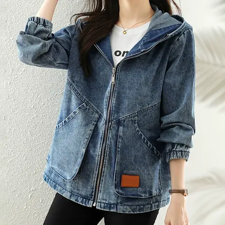 韩潮袭人宽松休闲连帽牛仔上衣拼接设计感百搭开衫外套图片