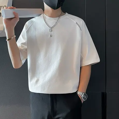 短袖T恤男夏季纯色休闲圆领内搭上衣2024新款ins潮牌宽松半袖体恤商品大图