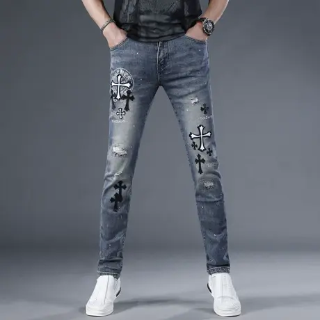 香港刺绣牛仔裤男款春季2024新款修身小脚破洞补丁泼墨水洗男裤子商品大图