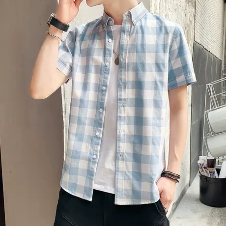 港士博条纹格子衬衫男士2022年夏季新款撞色刺绣宽松短袖衬衣男装商品大图