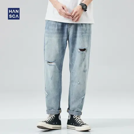 hansca破洞牛仔裤男春季美式高街潮牌复古水洗直筒宽松痞帅长裤子商品大图