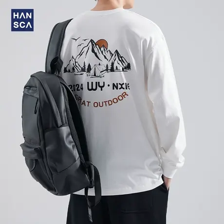 hansca 秋季长袖t恤男重磅后背山系印花白色宽松休闲大码内搭上衣图片