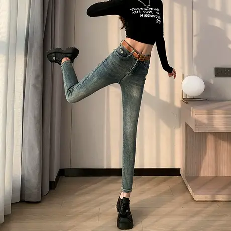 复古紧身牛仔裤女2024早春新款高腰显瘦弹力九分修身铅笔小脚裤子图片