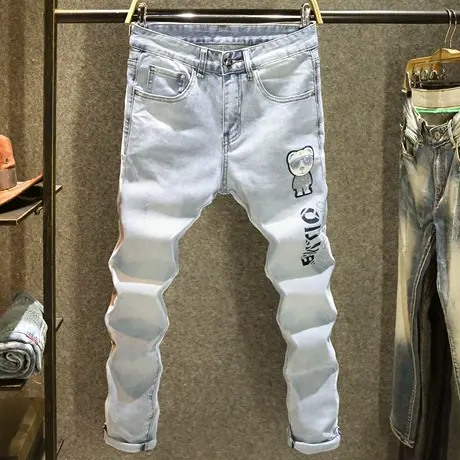 高级感手工烫钻潮牌牛仔裤男修身小脚裤浅色潮流帅气百搭时尚裤子商品大图