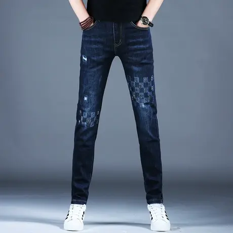 2024男士新款牛仔裤子深蓝色修身烫钻破洞补丁小脚裤百搭潮牌男裤图片