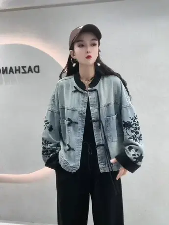 新中式牛仔外套女春秋装2024新款欧货宽松时尚设计感洋气国风上衣商品大图