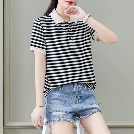 polo领条纹t恤女夏装2022新款时尚百搭保罗衫翻领短袖上衣体恤ins商品大图
