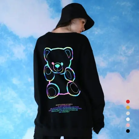 小熊卫衣女男情侣装反光黑色炸街纯棉宽松圆领学生工作衫班服定制图片