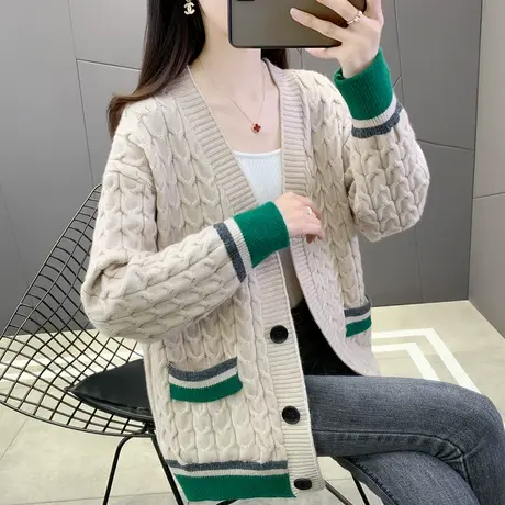 拼色麻花针织开衫女2023年春季新款宽松慵懒风气质显瘦毛衣外套潮商品大图