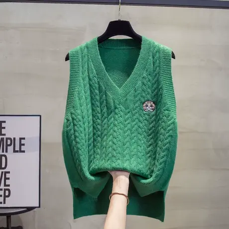 麻花v领针织马甲背心女2023秋装新款宽松外穿马夹绣花毛衣坎肩潮图片