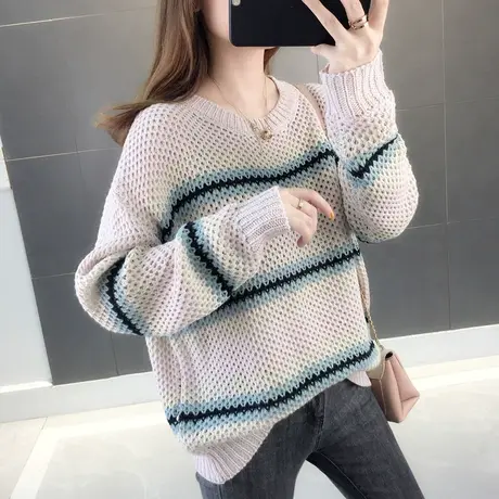 早秋装镂空条纹针织衫女新款学生小清新宽松套头薄款长袖上衣图片