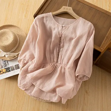 享永子五分袖苎麻上衣女文艺复古收腰棉麻小衫宽松高级感2023新款图片