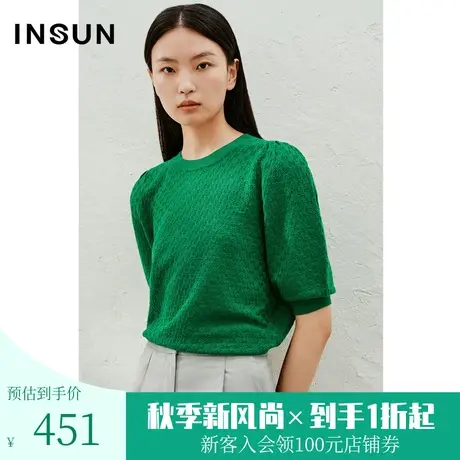 恩裳2023夏装新款优雅廓形羊毛针织衫镂空设计泡泡袖上衣商品大图