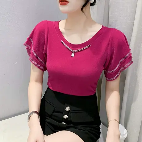 欧货荷叶边网纱上衣女2023夏装新款性感气质修身上衣时尚烫钻小衫商品大图