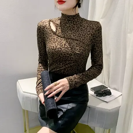 性感半高领镂空T恤女长袖欧货钉珠烫钻拼接上衣气质豹纹透气小衫商品大图