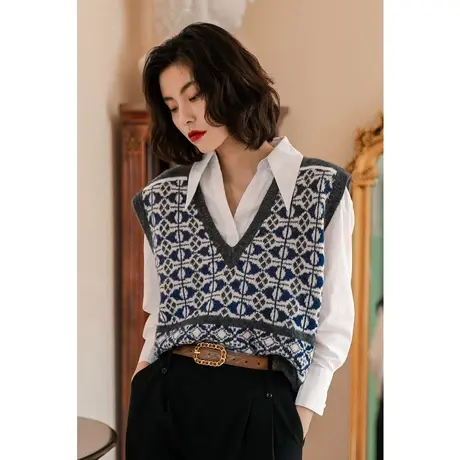 弥古民族风v领针织衫复古马甲背心女春秋外穿套头毛衣小坎肩马夹图片