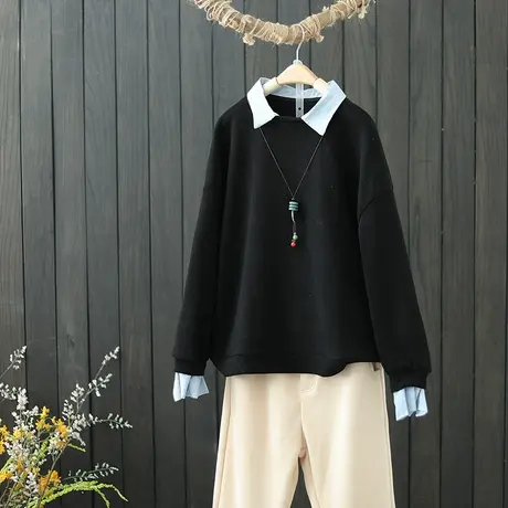 翻领拼接长袖卫衣女2021年新款秋冬设计感小众慵懒假两件上衣外搭图片