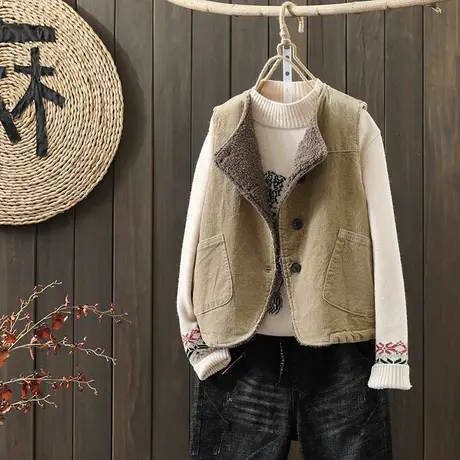 枫谜2021年秋冬新款文艺简约灯芯绒加绒马甲女百搭加厚内搭坎肩商品大图