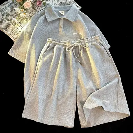 华夫格运动服套装polo衫女夏季薄款宽松短袖短裤小个子休闲两件套图片