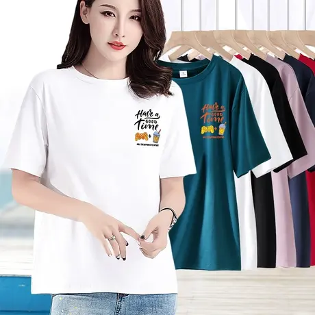 白色印花短袖t恤女纯棉宽松2023年夏季新款显瘦简约百搭体恤上衣图片