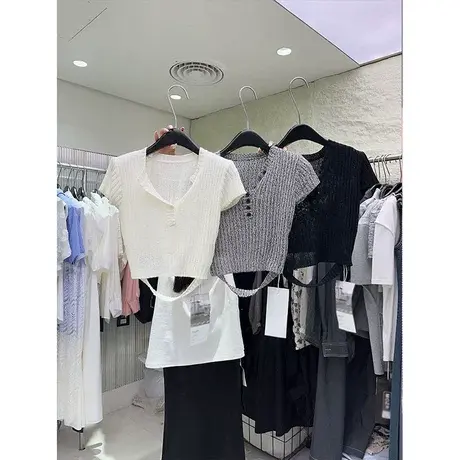 十三行夏装新款小个子纯色薄款短款休闲短袖修身显瘦针织衫上衣女图片