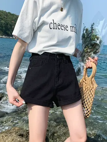 牛仔短裤女夏季2023年新款黑色春秋高腰a字超显瘦热裤春装潮ins商品大图
