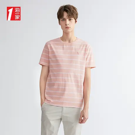 海一家清新条纹短T质感帆船绣花时尚舒适圆领短袖T恤男商品大图