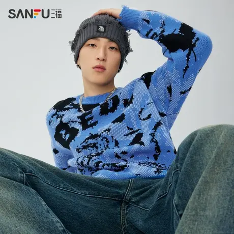 三福2023冬男士满版东方瑞兽破洞毛衣 国潮宽松圆领上衣476140商品大图