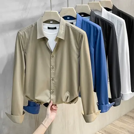 2021新款刺绣男士衬衣春秋季高端商务休闲男装上衣服纯色衬衫长袖商品大图