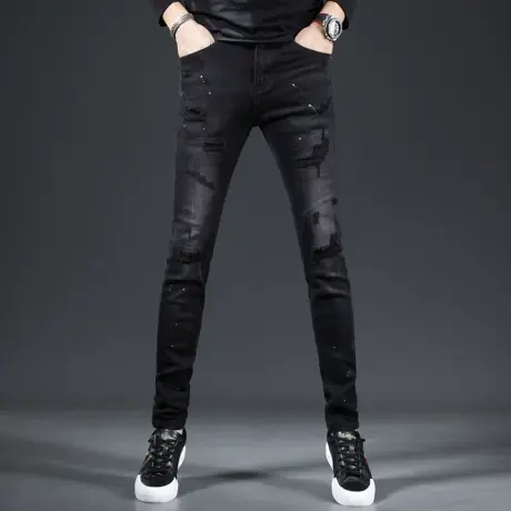 黑色破洞牛仔裤男秋季2023新款爆款修身小脚时尚潮牌男士裤子春秋商品大图