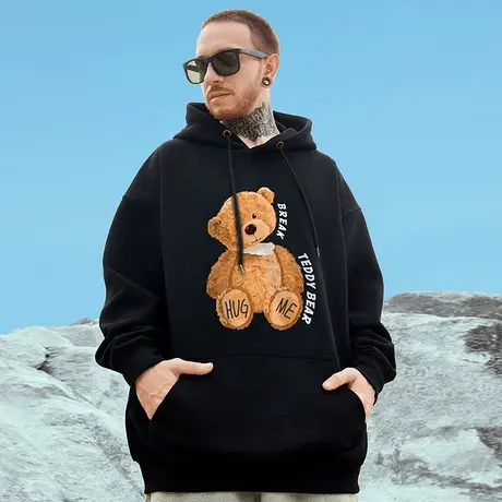 国潮加绒卫衣男潮欧美ins潮牌小熊情侣连帽潮流oversize外套秋冬商品大图