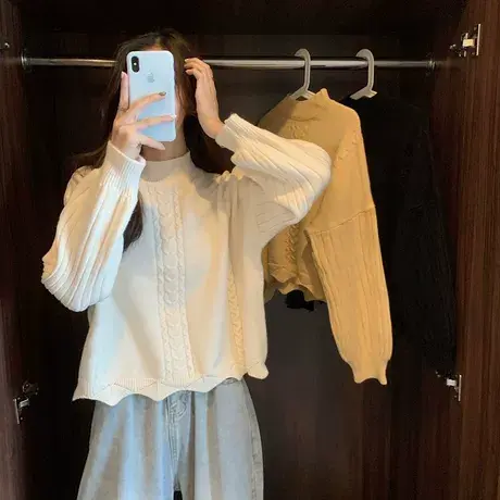 大码胖mm打底衫毛衣女装春秋季内搭小众时髦半高领针织上衣200斤商品大图