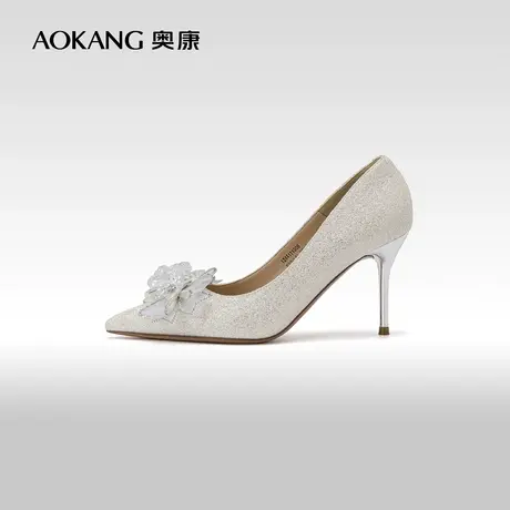 【爱与面包】奥康女鞋 春秋季新款法式水晶钻婚鞋宴会高跟鞋图片