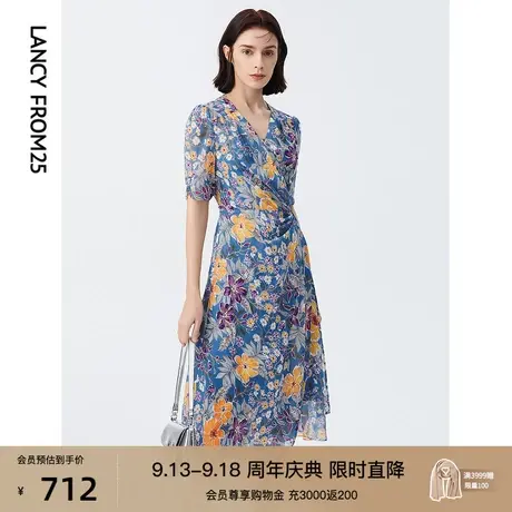 朗姿法式收腰泡泡袖抽褶印花碎花连衣裙子女夏季新款茶歇裙商品大图