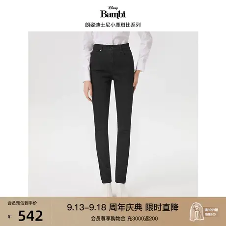 【迪士尼小鹿斑比系列】朗姿2023春秋新款直筒高腰显瘦黑色牛仔裤图片