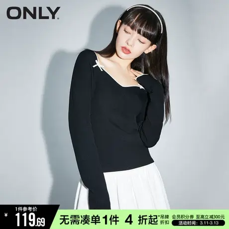 ONLY减龄撞色蝴蝶结领口修身针织衫女商品大图