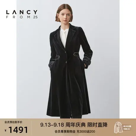 朗姿2022秋季新款修身黑色丝绒风衣外套女通勤商场同款大衣高级感商品大图
