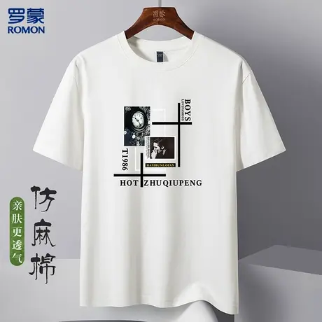 罗蒙新品短袖t恤男时尚潮流宿写仿麻棉透气圆领舒适男式t恤短袖图片