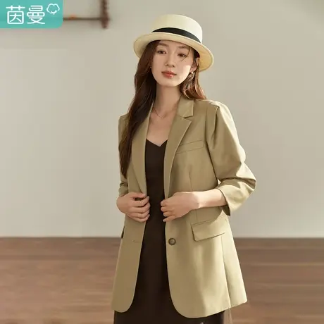 【商场同款】茵曼2023春女装新款法式通勤翻驳领卡其色小西装外套图片