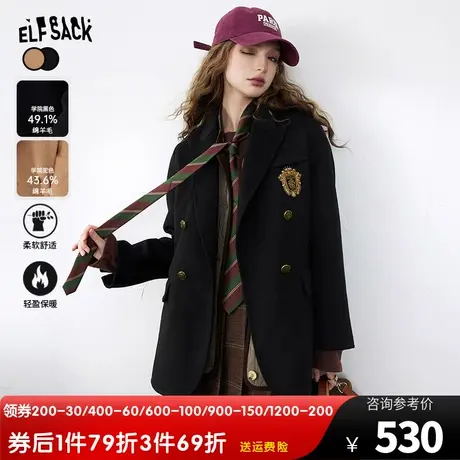 妖精的口袋双面呢西装毛呢外套女2023冬季新款复古学院风黑色大衣商品大图