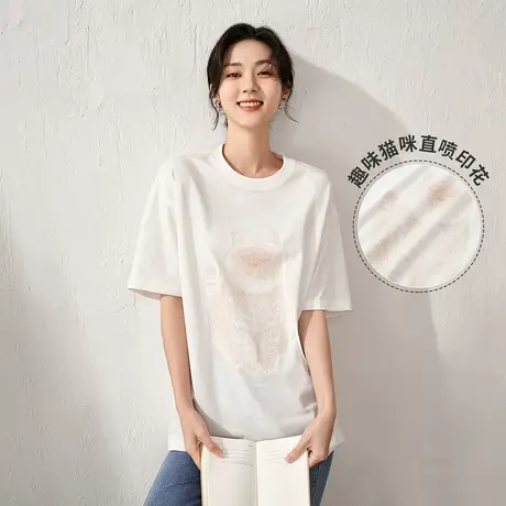 【商场同款】茵曼印花纯棉T恤女士2023夏季新款趣味猫咪圆领上衣图片