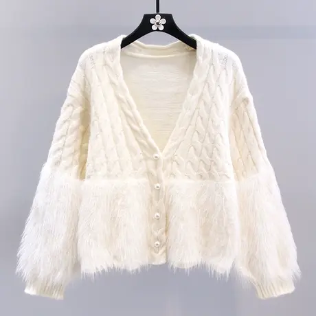 小香风水貂绒拼接毛衣外套女秋冬2023新款宽松温柔高级感针织开衫商品大图