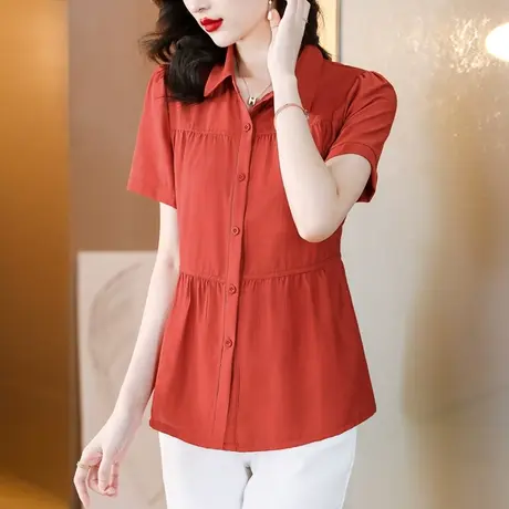 大码短袖衬衫女夏季2023年新款别致时尚洋气遮肚子胖MM短袖衬衣女图片