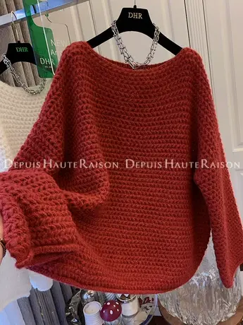 复古洋气一字领编织毛衣粗棒针宽松休闲慵懒针织衫女秋冬新年红色商品大图